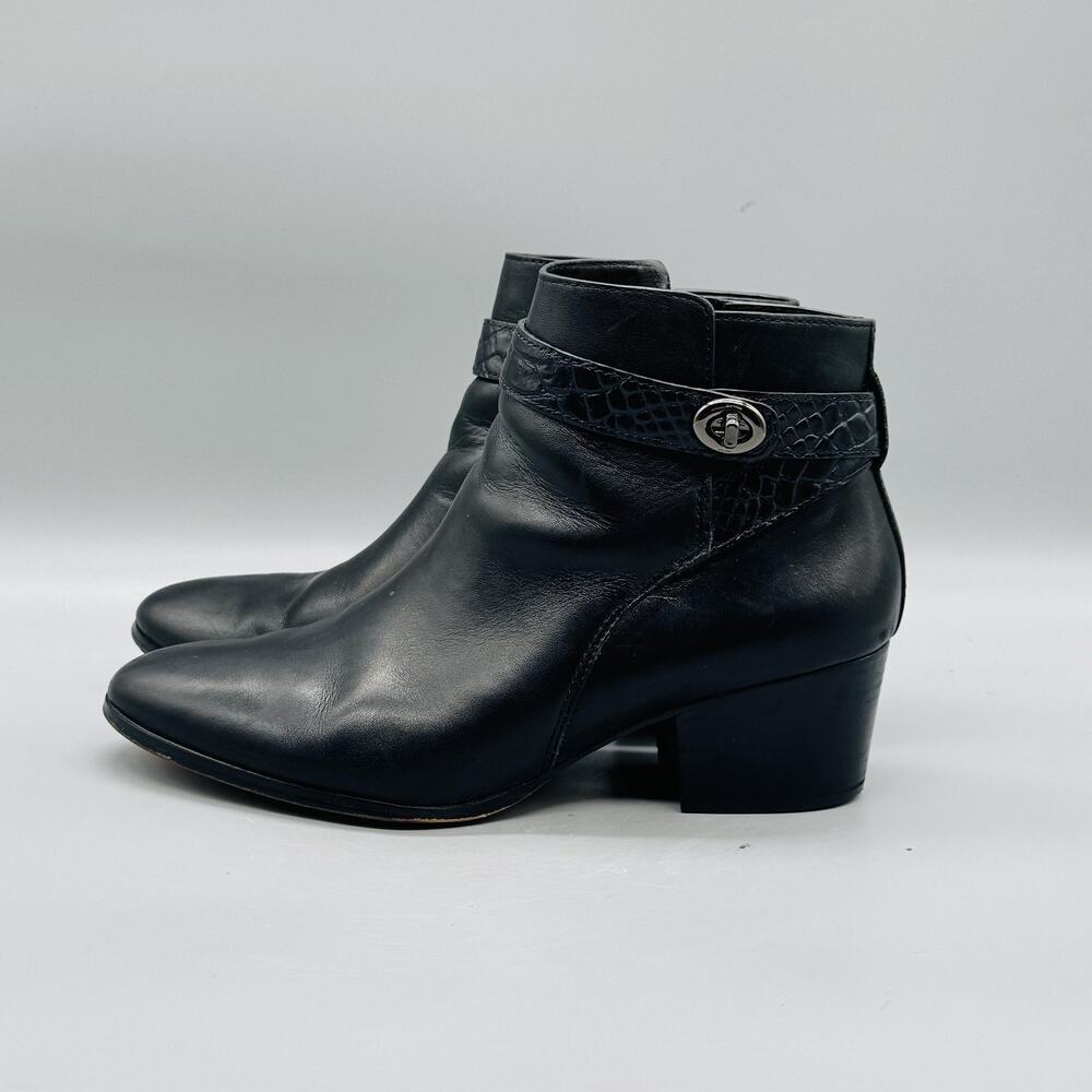 Coach Boots Womens 8.5 Black Leather Patricia Ankle Turnlock Block Heel Booties - Picture 4 of 10